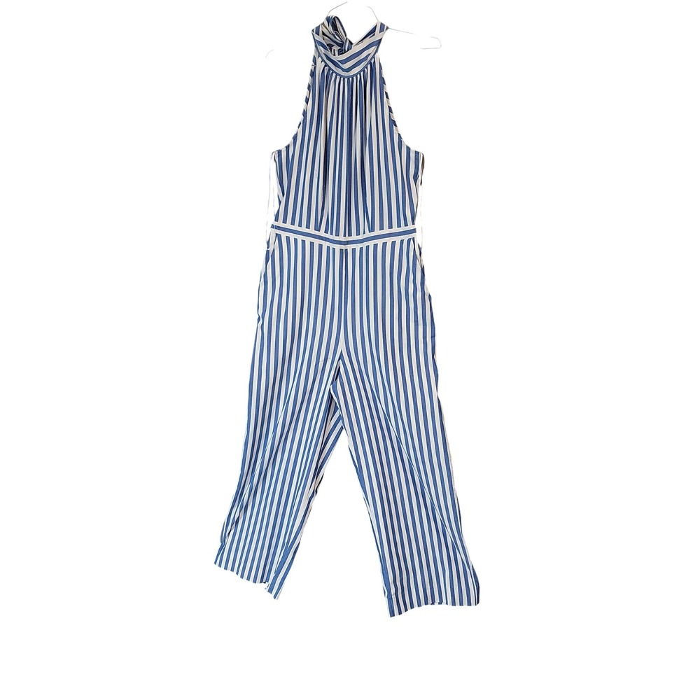 J.Crew Striped‎ Halter Jumpsuit Blue White Tie Neck Wide Leg Size 8 - Picture 2 of 9